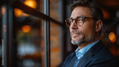 A contemplative middle-aged man with glasses gazes thoughtfully out the window of a stylish urban cafe, capturing a moment of introspection and calm reflection