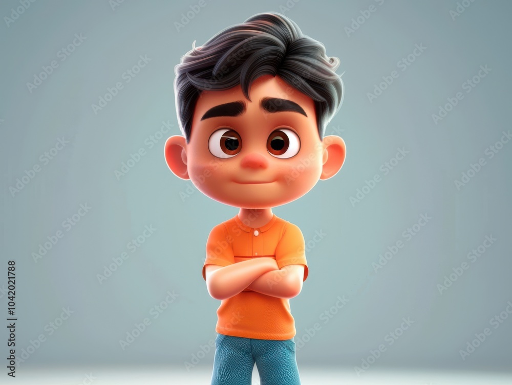 Focused Cartoon Character in Bright Orange Shirt Focused Cartoon Character in Bright Orange Shirt