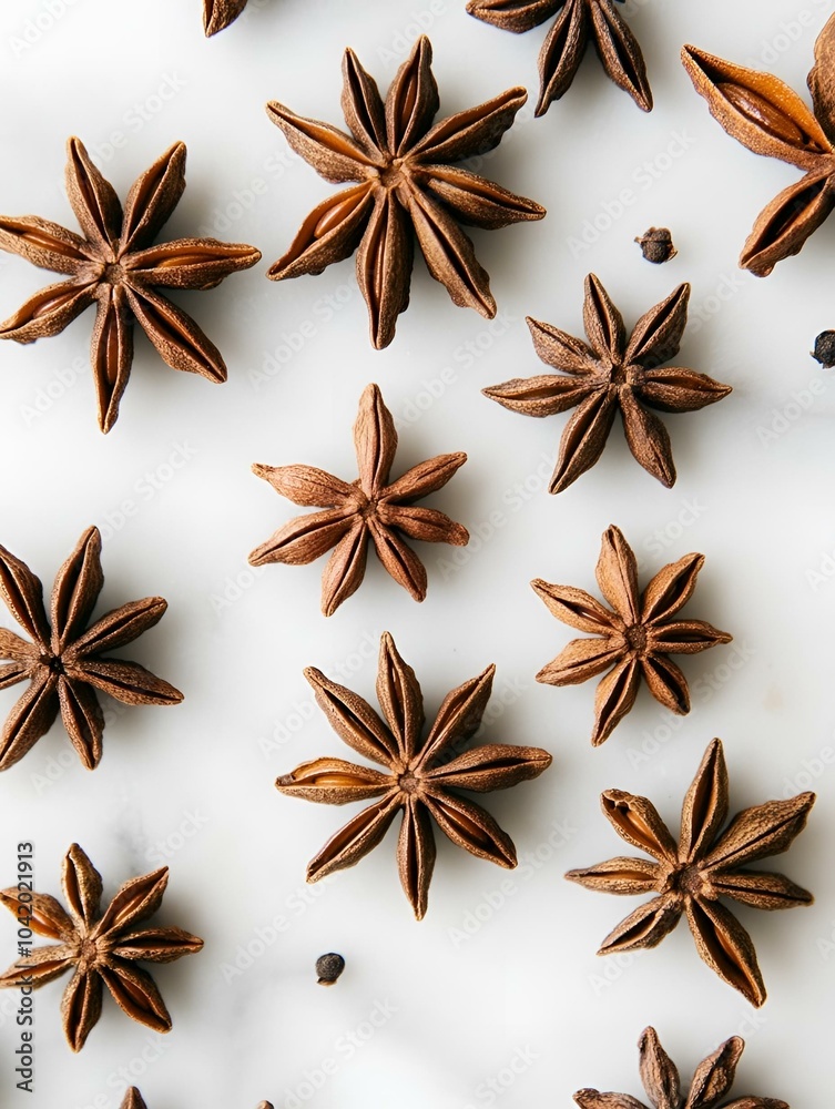 Fototapeta premium Star anise arranged on white surface.