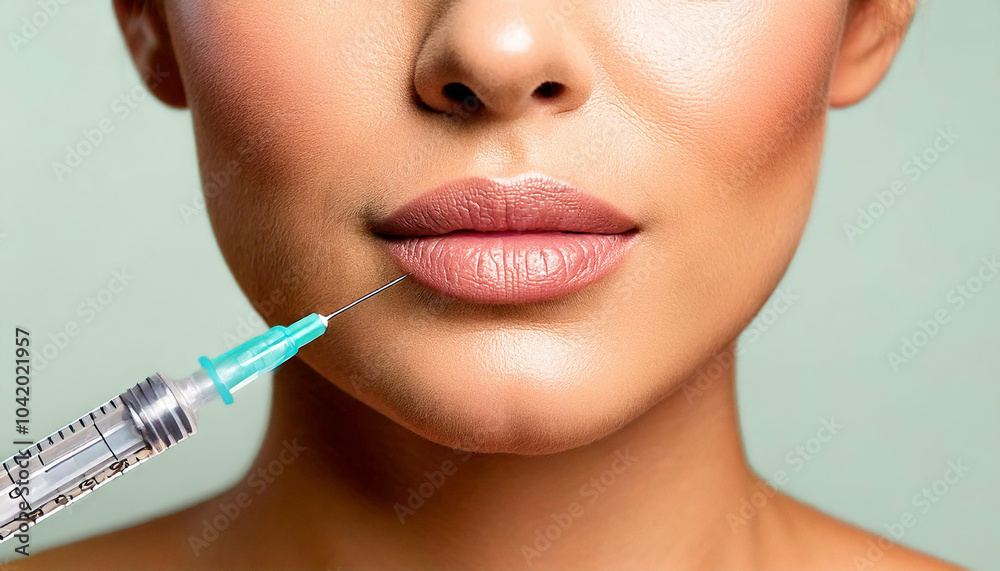Close-up of a young adult caucasian woman’s lips receiving cosmetic filler injection with a syringe and needle, a beauty and dermatology treatment procedure in a professional clinic setting Close-up of a young adult caucasian woman’s lips receiving cosmetic filler injection with a syringe and needle, a beauty and dermatology treatment procedure in a professional clinic setting