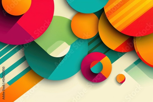 Colorful geometric circles and stripes in a vibrant abstract design on a light background