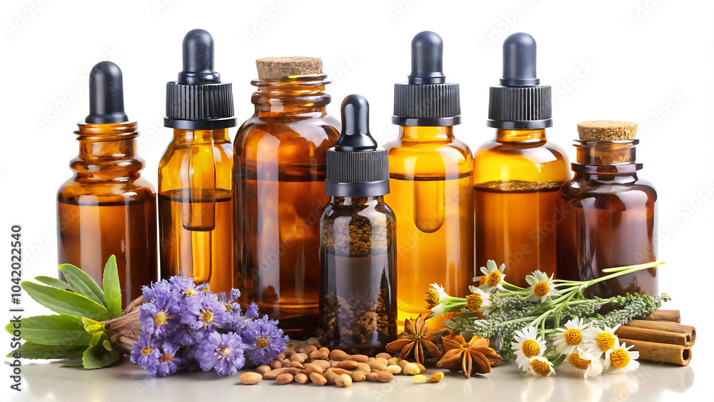 A selection of essential oils in amber bottles atop a white background A selection of essential oils in amber bottles atop a white background