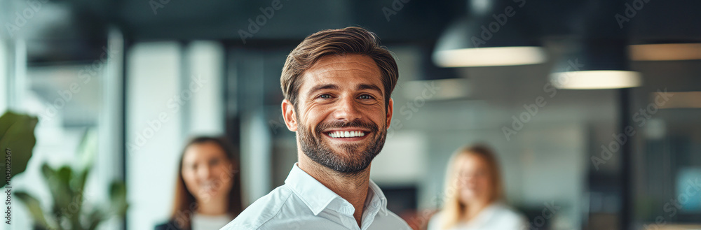 Smiling professional in modern office environment a symbol of success and teamwork Smiling professional in modern office environment a symbol of success and teamwork