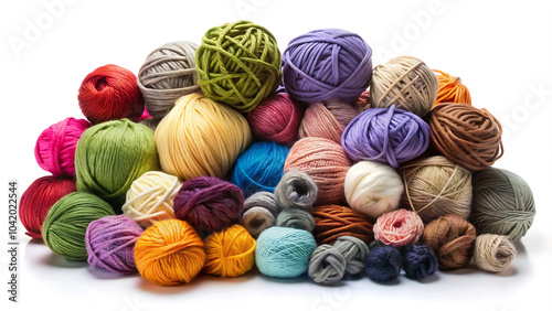 A variety of yarns in different thicknesses and colors arranged on a white backdrop