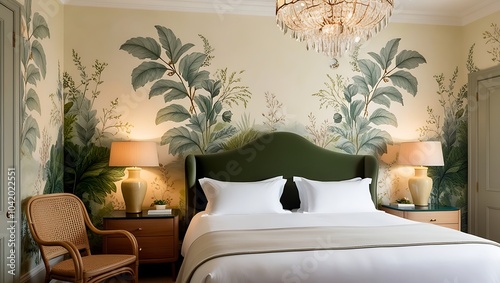 Elegant bedroom featuring bold wallpaper and high-end furniture accents