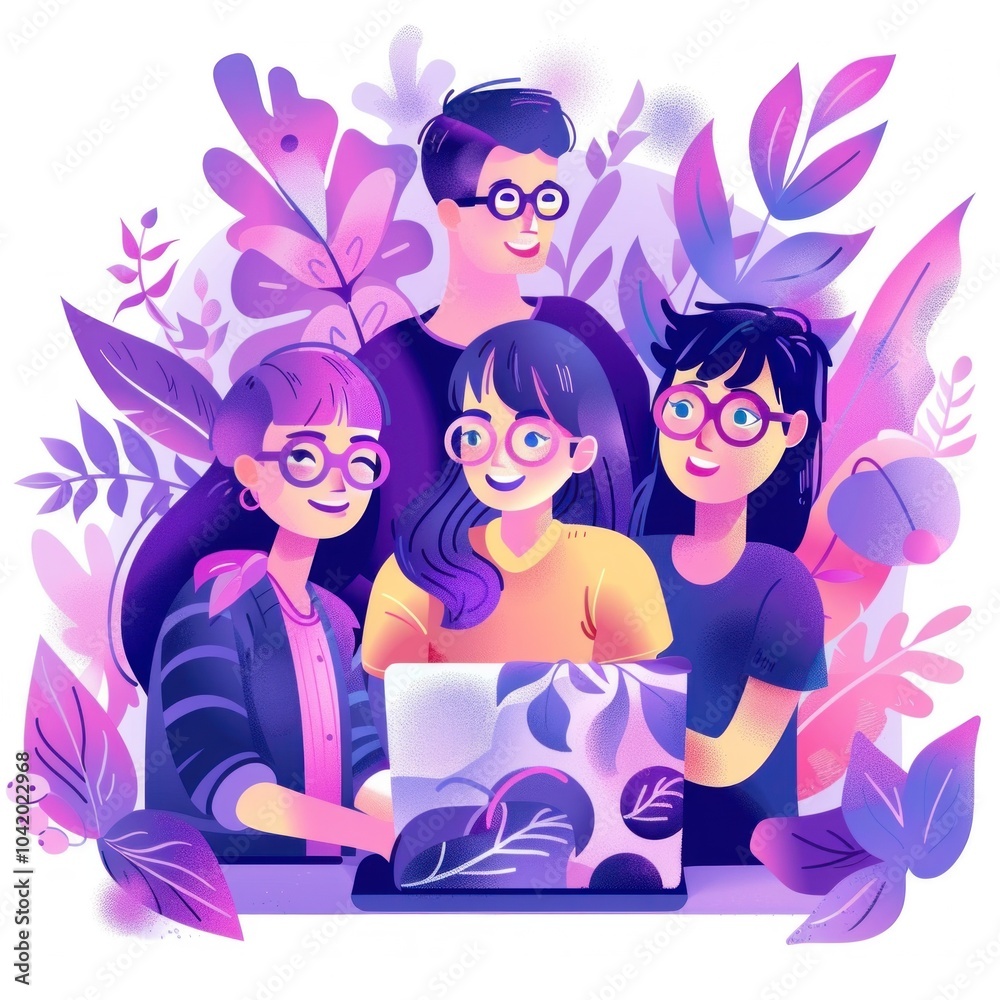 Creative it team collaboration illustration in vibrant violet colors for innovative design projects. Creative it team collaboration illustration in vibrant violet colors for innovative design projects.