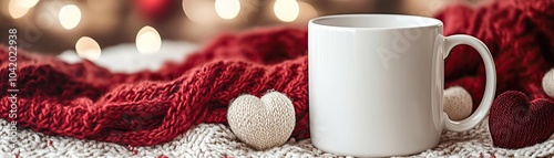 white mug closeup mockup in a cozy valentines day background