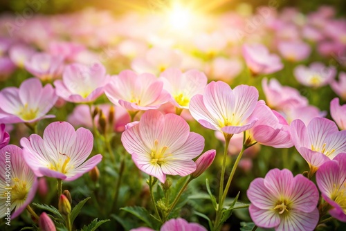 Pink evening primrose flowers blooming under sunlight