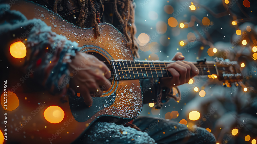 Obraz premium A guitarist plays amidst glowing lights and falling snow, evoking a cozy and festive atmosphere, Generative AI