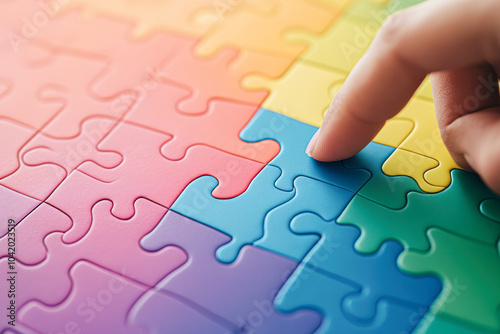 A person is pointing at a colorful puzzle piece