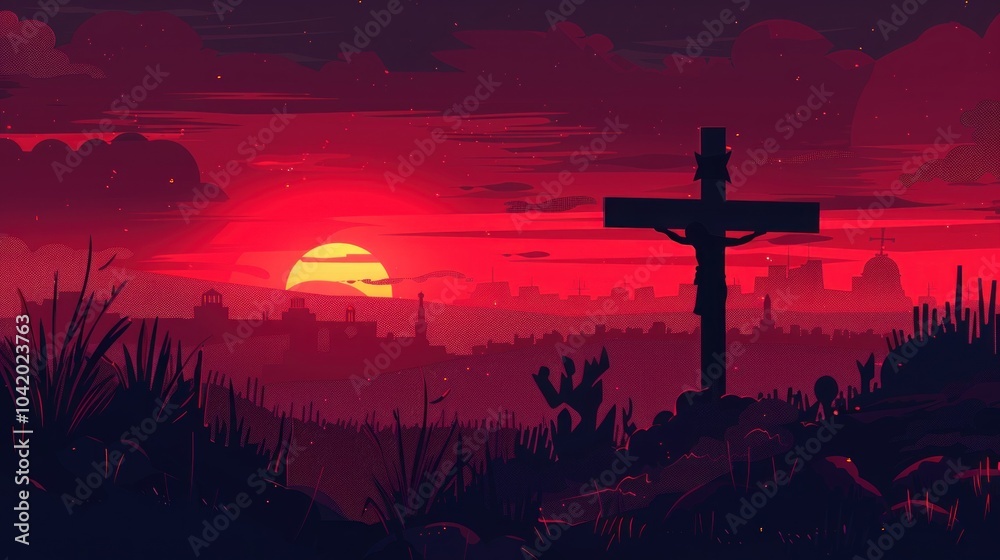 Silhouette of a cross at sunset: spiritual serenity and reflection against a vibrant horizon. Silhouette of a cross at sunset: spiritual serenity and reflection against a vibrant horizon.