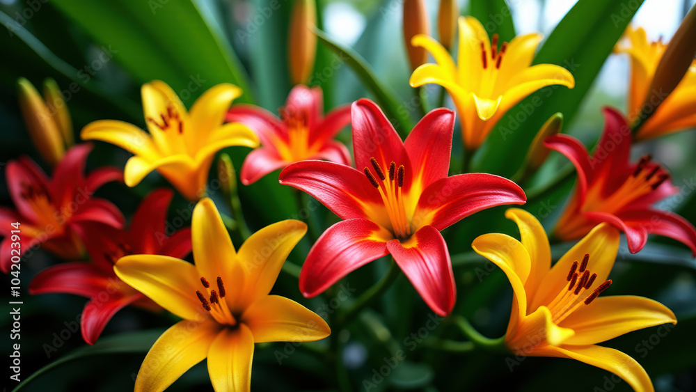 Red and yellow lily flowers with green leaves on a blurred background Red and yellow lily flowers with green leaves on a blurred background