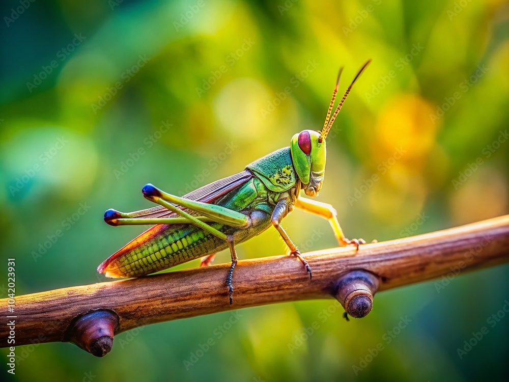 Fototapeta premium Small Grasshopper on Dry Branch in Nature Close-Up Photography
