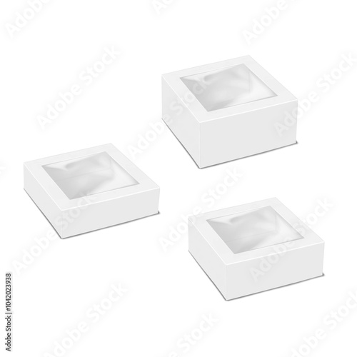 White square paper gift box with clear plastic window. 3d mock-up set. Empty cardboard container packaging with transparent lid to display product. Realistic vector mockup. Template for design
