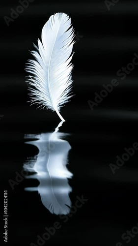 Floating white feather gliding gracefully on calm water surface