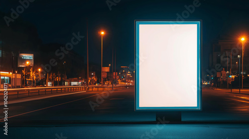 Deserted billboard stands by a road with car light trails at night, lit up by a street lamp