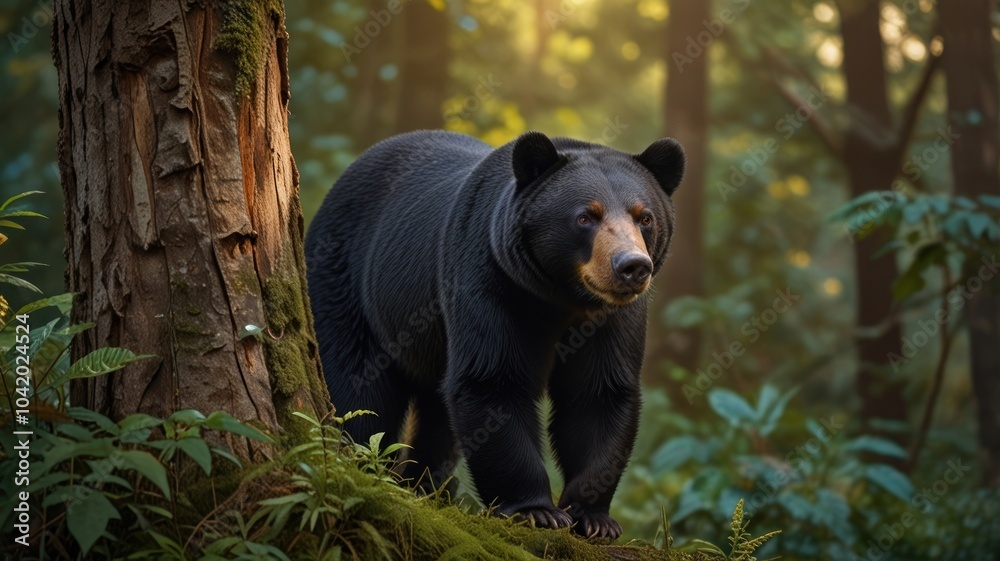 American black bear stands tall in a dense forest. His thick black coat sparkling in the sun filtering through a tree. Strong bear buildings and piercing eyes convey a sense of strength and wildness American black bear stands tall in a dense forest. His thick black coat sparkling in the sun filtering through a tree. Strong bear buildings and piercing eyes convey a sense of strength and wildness