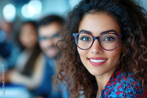 A confident woman with curly hair and glasses sits in a professional environment, smiling warmly as she engages with the surrounding atmosphere.