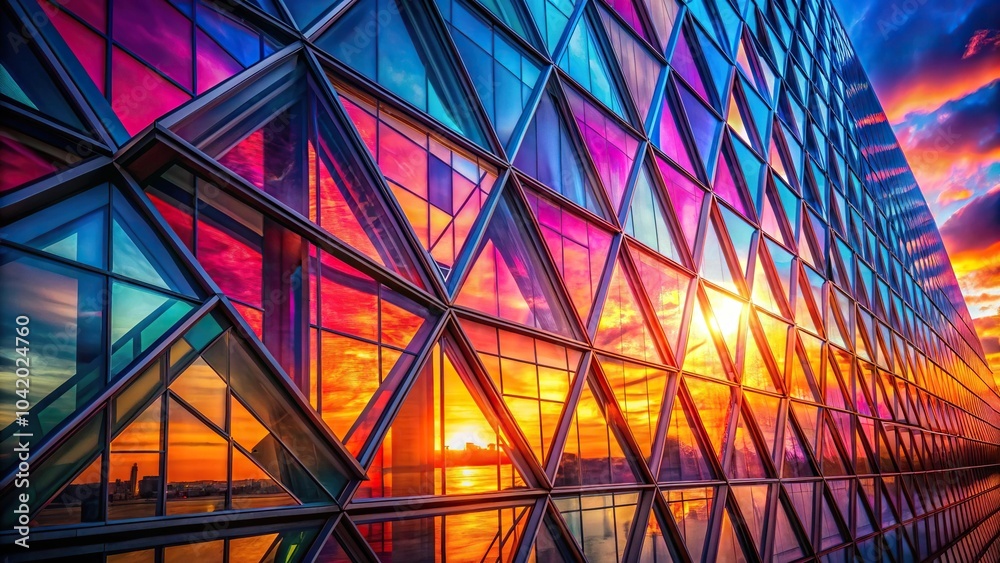 Fototapeta premium Colorful crystal geometric patterns on glass building texture under neon lights and sunset glass building texture Tilted Angle