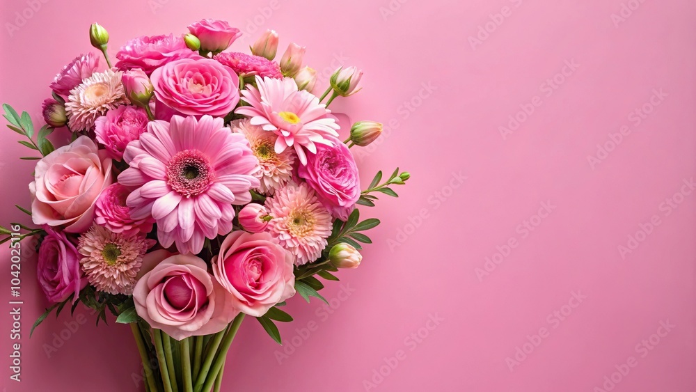 Pink flowers bouquet on pink background, space for text Pink flowers bouquet on pink background, space for text