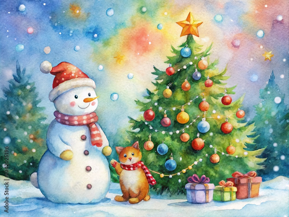 Snowman with Christmas Tree and Happy Cat Watercolor Illustration for New Year Celebration Snowman with Christmas Tree and Happy Cat Watercolor Illustration for New Year Celebration