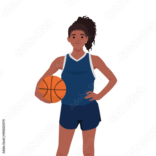 Young woman holds a basketball in her hands. Flat vector illustration isolated on white background