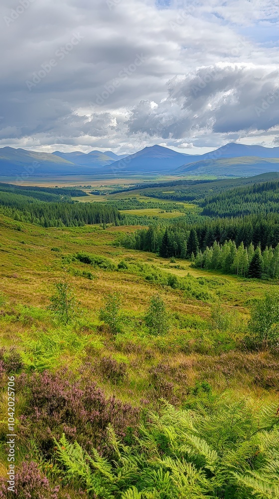 Fototapeta premium Expansive green valleys and majestic mountains under a cloudy sky in the Scottish Highlands