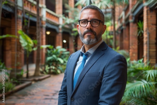 A confident businessman in a blue suit with glasses stands in a lush tropical courtyard surrounded by brick architecture and greenery