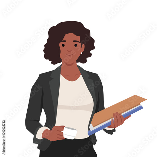 Young business woman holding documents. Flat vector illustration isolated on white background
