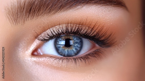 Close-up of a blue eye with long eyelashes and subtle makeup.