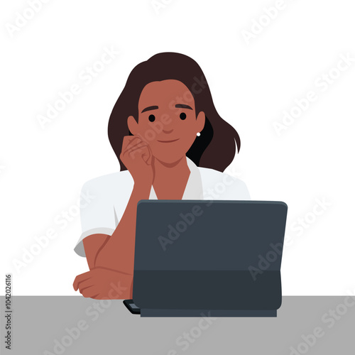 Young woman watching video on the tablet pc. Flat vector illustration isolated on white background