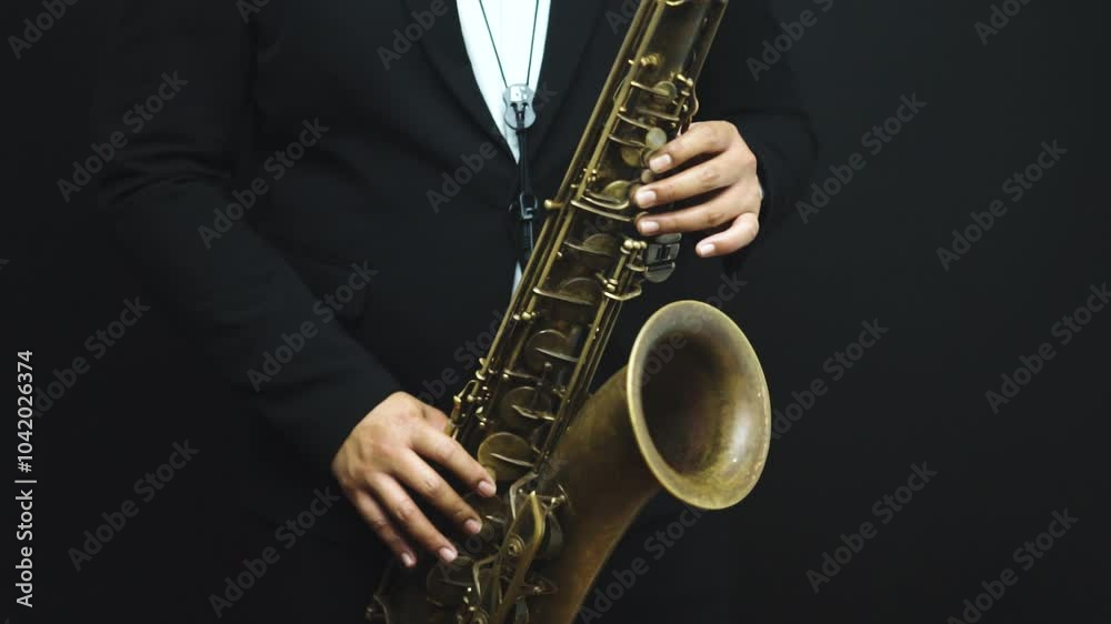 close up cinematic elegant musician playing Saxophone with black background 
