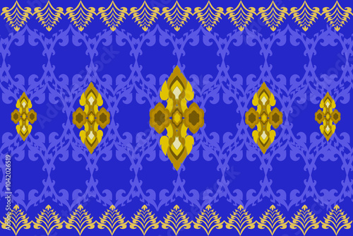 Classic gold seamless fabric pattern geometric blue background illustration. Wallpaper. Vector, design.