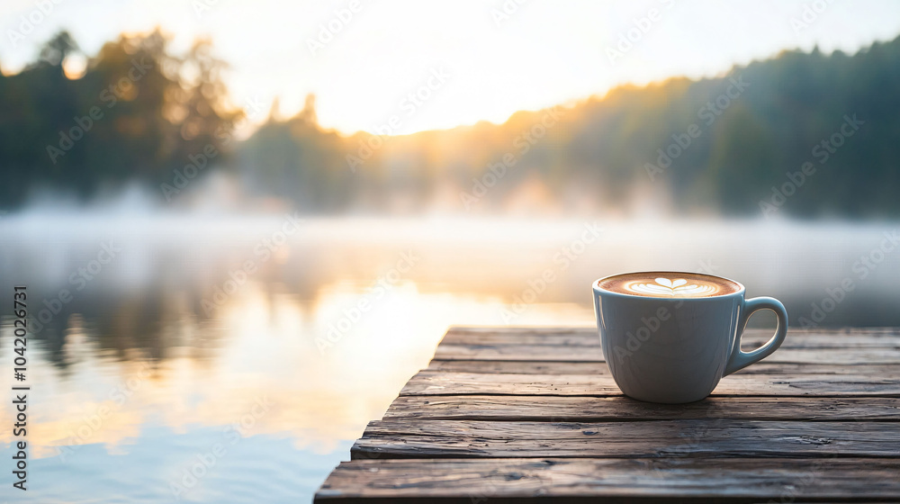 Fresh coffee on wooden dock overlooking misty lake at sunrise Fresh coffee on wooden dock overlooking misty lake at sunrise