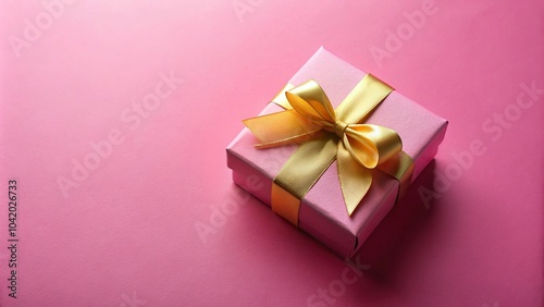 Pink gift box with golden ribbon on pink background