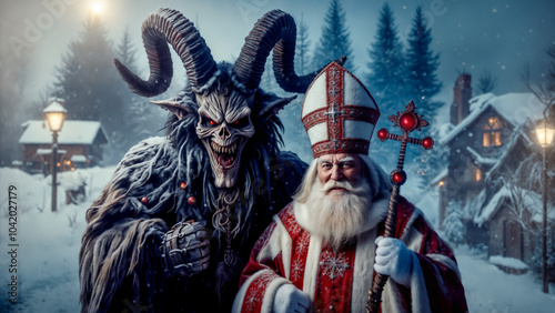 Krampus demon with horns and St. Nicholas standing together in snowy landscape during Krampus Night (Krampusnacht). Horror and folklore elements. Advent and Christmas themed winter scene.