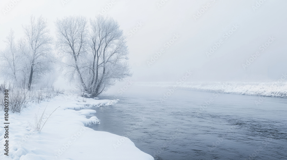 Beautiful winter scene with a river flowing through a snowy landscape on a misty day Beautiful winter scene with a river flowing through a snowy landscape on a misty day