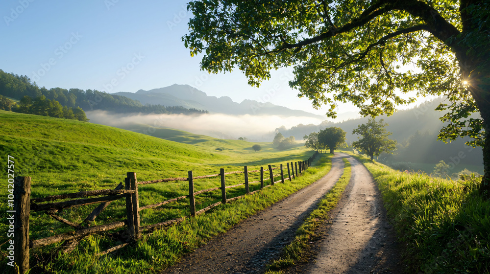 serene countryside road with sunlight breaking through trees, creating peaceful atmosphere serene countryside road with sunlight breaking through trees, creating peaceful atmosphere