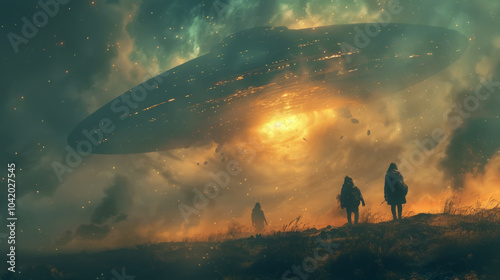 Three figures stand under a massive glowing UFO in a dramatic and mysterious scene, Generative AI