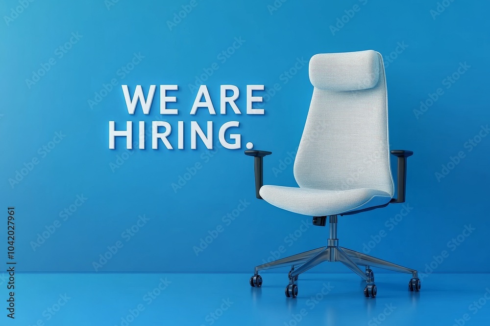 A stylish modern office chair beside a vibrant wall that announces we are hiring, inviting talent in a dynamic workspace A stylish modern office chair beside a vibrant wall that announces we are hiring, inviting talent in a dynamic workspace
