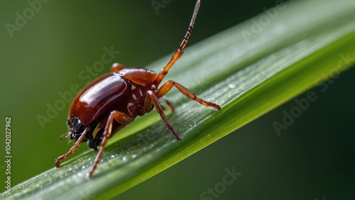 Closeup of a tiny brown beetle perched on a green blade of grass with a dewdrop on it. photo