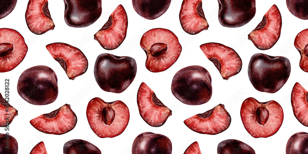 Whole and Slice Cherry berries. Cross section of juicy Sweet Cherry fruits. Isolated watercolor seamless pattern of Sweet Cherry fruits. Background for, packaging of goods, cosmetic, textile Whole and Slice Cherry berries. Cross section of juicy Sweet Cherry fruits. Isolated watercolor seamless pattern of Sweet Cherry fruits. Background for, packaging of goods, cosmetic, textile