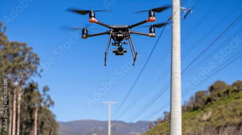 drone flying above power lines, assisting in inspection tasks