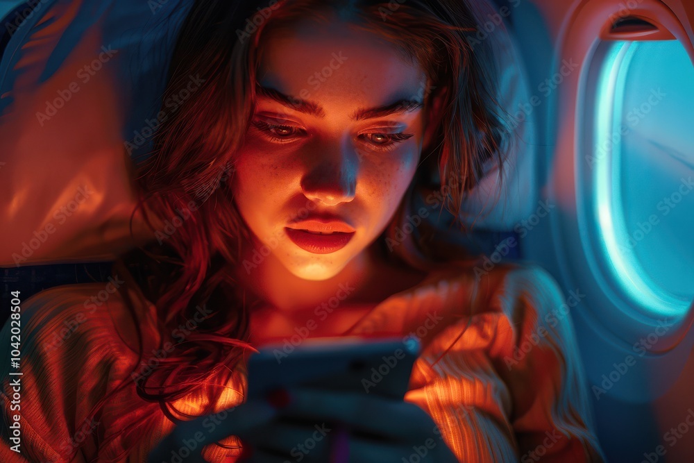 Young woman sitting in an airplane seat, illuminated by the screen light, focused on her phone.