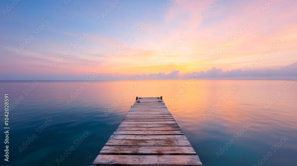 serene sunrise over empty fishing pier reflects on calm waters serene sunrise over empty fishing pier reflects on calm waters