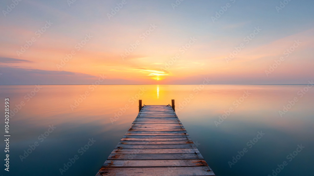 Obraz premium serene sunrise over empty fishing pier reflects calm waters beautifully