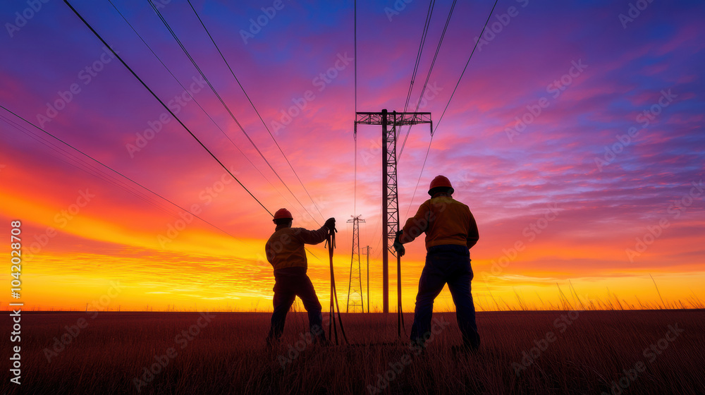 Fototapeta premium Silhouetted workers performing maintenance on high voltage cables at sunset