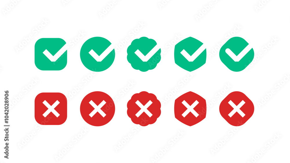 Check mark and cross mark. Yes no simple buttons, tick and cross signs, correct and wrong answer interface elements. Vector isolated set Check mark and cross mark. Yes no simple buttons, tick and cross signs, correct and wrong answer interface elements. Vector isolated set