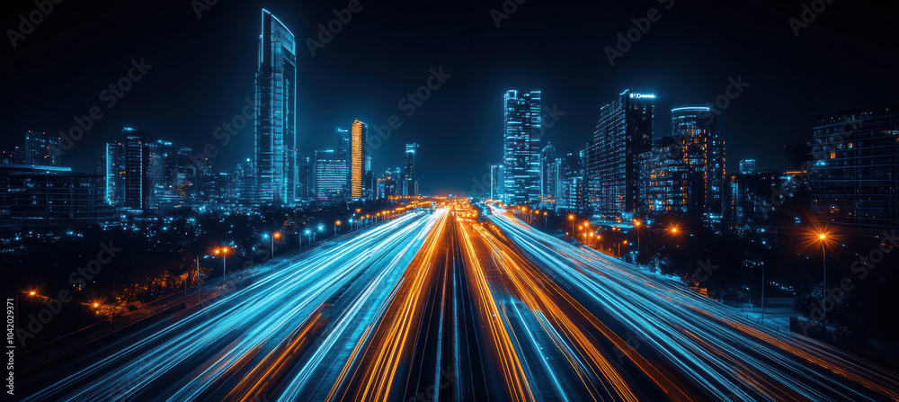 Fototapeta premium Urban skyline and bustling streets below