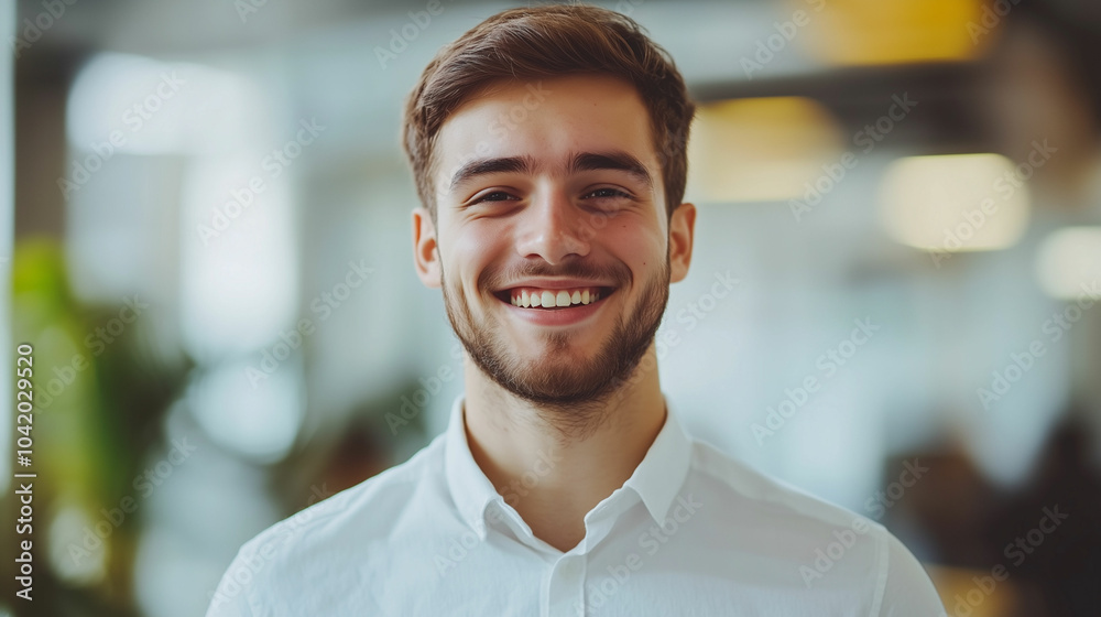 Fototapeta premium Young intern smiles confidently in a bright corporate office during summer